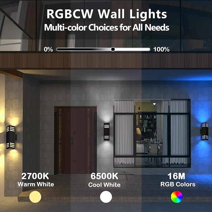 wowlite Up and Down Lights Outdoor Wall Sconce, 1200LM LED Outdoor Light Fixtures Wall Mount Exterior Lights for House, Smart RGBCW Black IP65 Waterproof Porch Lights Works with Remote and App Via Hub