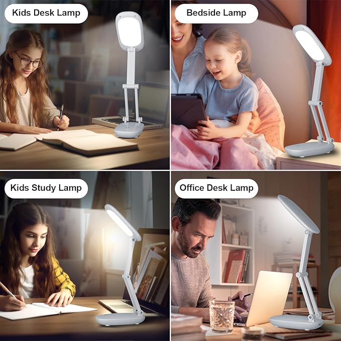 Akejrym LED Desk Lamp for Office Home & Battery Operated Lamp Rechargeable Lamp Foldable & Portable Light, [2-Fold Bracket] 3 Brightness Dimmable Small Desk Lamp Wireless Reading Lamp (White)