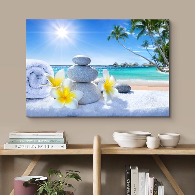 wall26 Canvas Print Wall Art White Massage Stones on Vibrant Beach Nature Floral Photography Realism Tropical Landscape Colorful Multicolor for Living Room, Bedroom, Office - 16"x24"