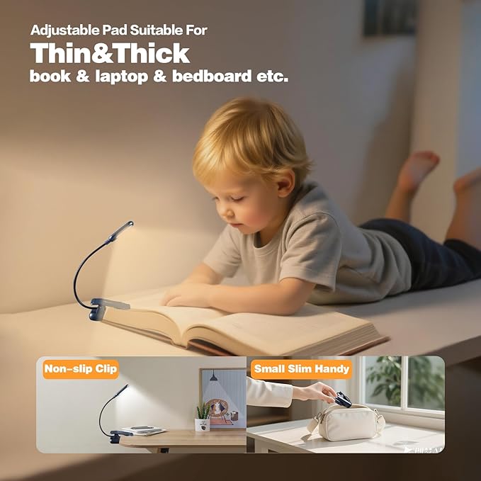 VAVOFO Rechargeable Book Light for Reading in Bed Kids, 7 LED Reading Light with 9-Level Warm Cool White Daylight, Eye Care Lamp with Power Indicator for Bookworms (Metallic Grey)