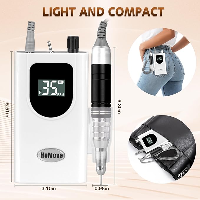 Professional Nail Drill Machine, HoMove 35000RPM Portable Nail Drills, Rechargeable Efile Nails Drill, Low Heat Electric Nail File for Acrylic Gel Nails（Pearl White）
