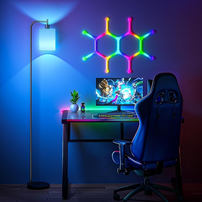 RGB Floor Lamp with Linen Shade, Dimmable Tall Standing Lamp with Remote Control, Color Changing Floor Lamps for Living Room Bedroom Gaming Room, 9W RGB Bulb Included