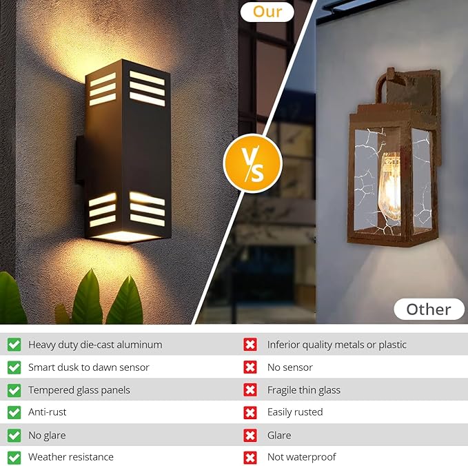 wowlite Outdoor Wall Lights Dusk to Dawn 2 Pack, Modern Porch Lights Outdoor Wall Sconce Square, Bronze Up and Down Lights, Waterproof Exterior Light Fixture for House Garage Patio, ETL Listed