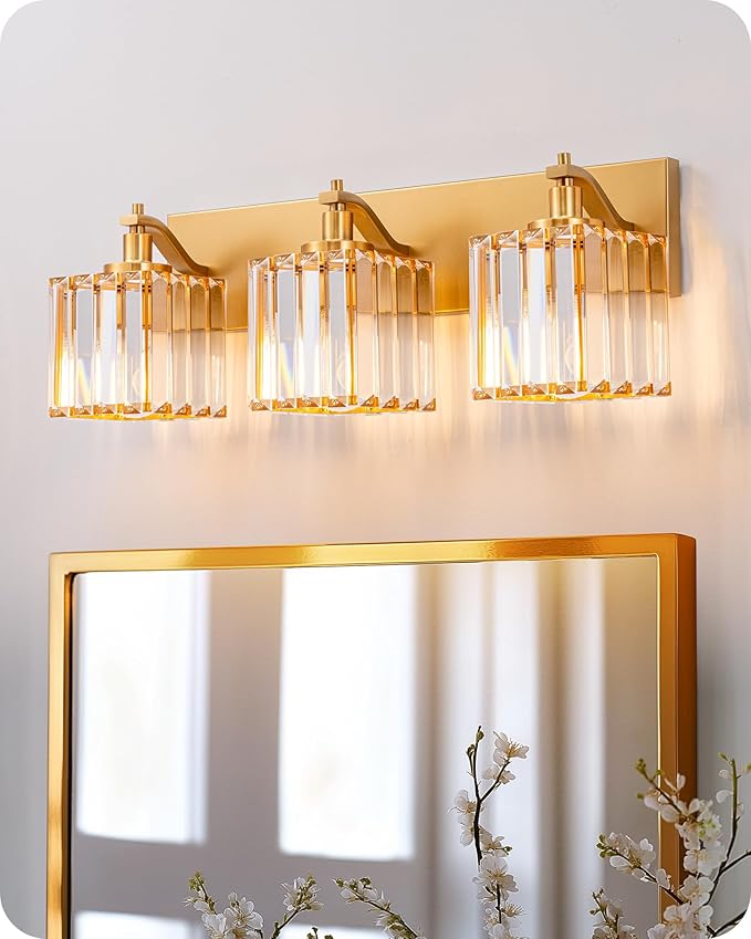 EDISHINE Bathroom Vanity Light, 20.47-Inch Modern Bathroom Lighting Fixtures, 3-Light Crystal Vanity Lights Over Mirror, Gold Bath Wall Sconce Lamp for Powder Room, Makeup, E26 Base