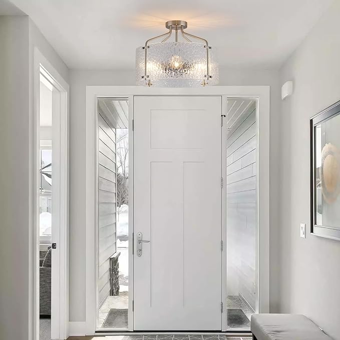 Semi Flush Mount Ceiling Light Fixture,Glass Drum Kitchen Lighting Fixtures Ceiling,18''Brushed Nickel Modern Light Fixture Chandelier,5-Light Foyer Lighting Fixtures for Bedroom Hallway Foyer Porch