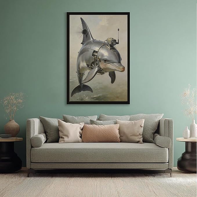 Framed Steampunk Mechanical Dolphin Wall Art - Marine Retro-Futuristic Poster for Beach House Living Room Decor 20x30in