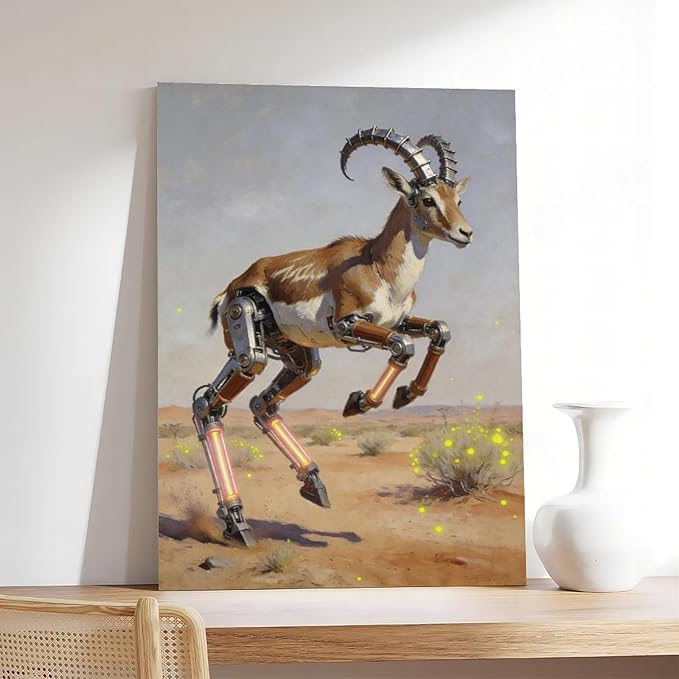 Framed Steampunk Mechanical Antelope Wall Art - Desert Futuristic Poster for Loft Living Room Decor 16x24inch(40x60cm)