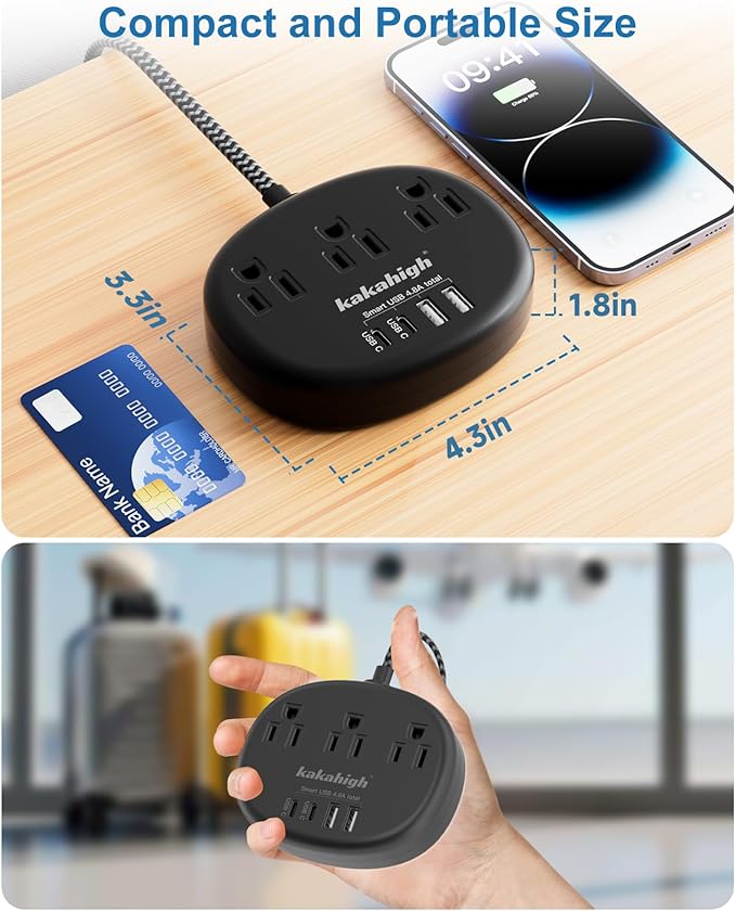 Black Extension Cord 10 Feet, 1625W Extension Cord 3 Prong with 3 AC Outlet 4 USB (24W/4.8A), Bedside Charging Station for Home, Office and Dorm