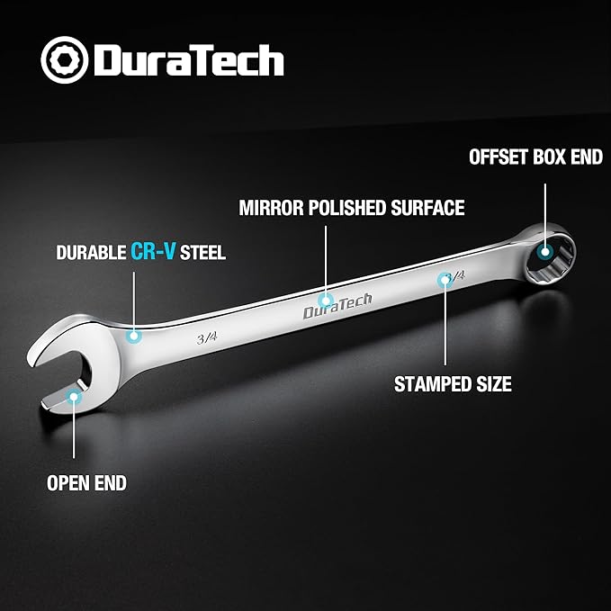 DURATECH 3/4" Combination Wrench, SAE, CR-V Constructed with Mirror Polish, 12-Point, 15-Degree Offset