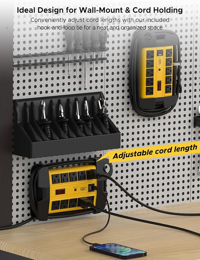 CRST Heavy Duty Power Strip with USB (3.1A),10-Outlet Metal Surge Protector Power Strip with 15FT Cord(2800J),15A Circuit Breaker, Wall Mount, ETL Listed