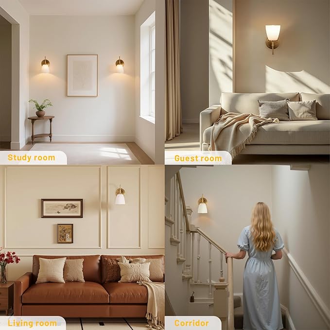 Gold Wall Sconces Vintage Bathroom Vanity Light Fixtures Frosted Milk Glass & Brass Base Indoor Wall Mount Light for Living Room,Bedroom, Bathroom, Mirror, Hallway, Stairway (Bulb not Included)