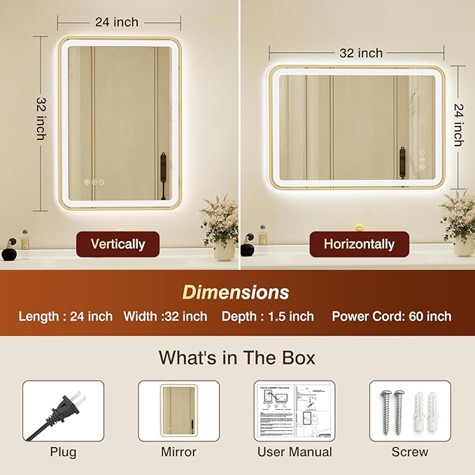 24x32 Inch Gold Framed LED Bathroom Mirror with Lights, Built-in Bluetooth Speaker, Dimmable Lighted Bathroom Vanity Mirror with 3 Colors, Backlit + Frontlit, Memory, Anti-Fog