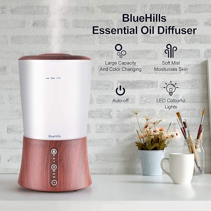 BlueHills Premium 2000 Ml Set of 2 Large Essential Oils Diffusers for Large Rooms Big Capacity Models Adjustable Cool Mist Great Gift – Value Pack of 2 Wood Grain and Dark Wood Grain