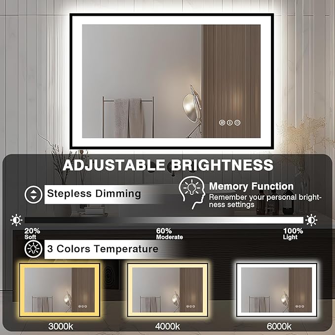 44x30 Bathroom Light up Mirror, Black Double Bright Lights, Anti-Fog Vanity Mirror with Lights, Stepless Dimmable Illuminated Mirror, Touch Control, Waterproof (Horizontal/Vertical)