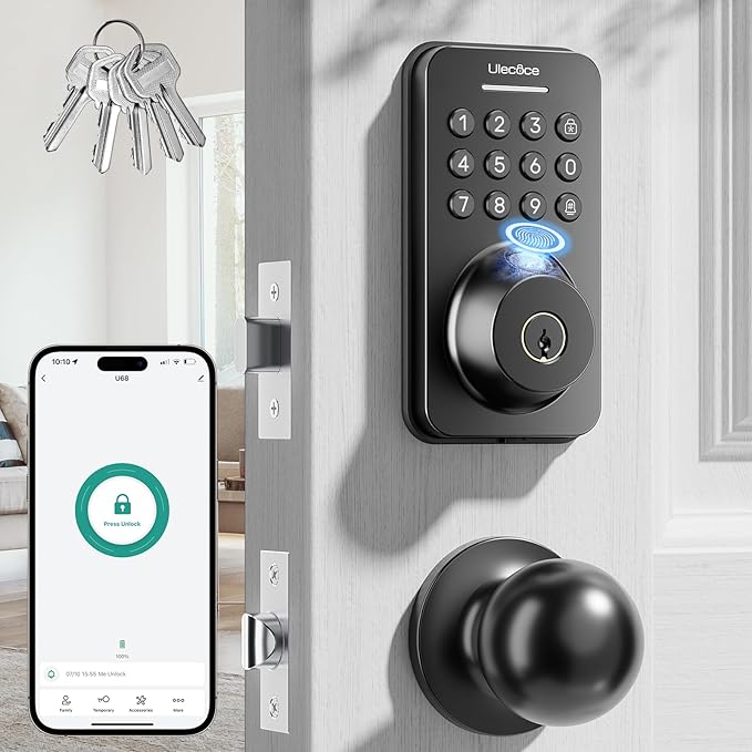 Ulecoce Fingerprint Keypad Deadbolt with Handle Set, Keyless Entry Door Lock, Door Locks for Front Door Lock Set, App Control, Auto Locking, Easy to Install, Matte Black