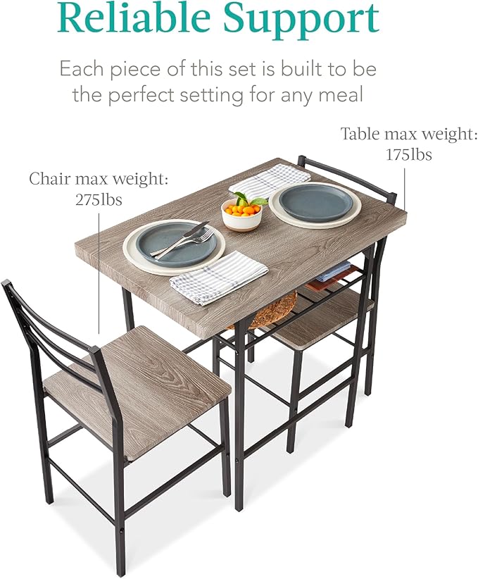 Best Choice Products 3-Piece Modern Dining Set, Space Saving Dinette for Kitchen, Dining Room, Small Space w/Steel Frame, Built-in Storage Rack - Gray/Black