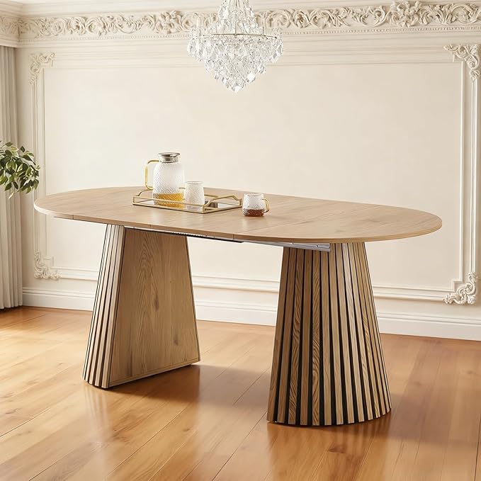 39.4"-71" Extendable Dining Table,Wood Expandable Kitchen Table for 4-10,Rustic Dining Room Table with Dual Pyramid Pedestal,Oval Wood Dining Table for Gatherings