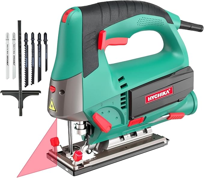 HYCHIKA 6.7A Jig Saw, Reciprocating Saw, 6.2A Mini Circular Saw with 3 Blades,50W LED Work Light, 4-Tool Power Tool Set Combo Kit