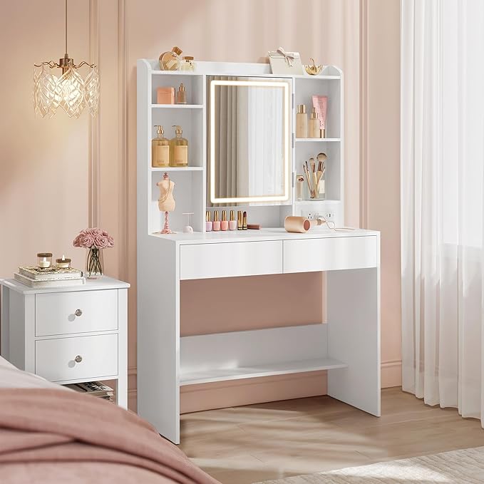 VASAGLE Kailyn Collection - Vanity Desk with Power Outlets, Makeup Vanity with Mirror and Lights, LED Lights, 6 Compartments, 2 Drawers, for Bedroom, Cloud White URDT031WB02S