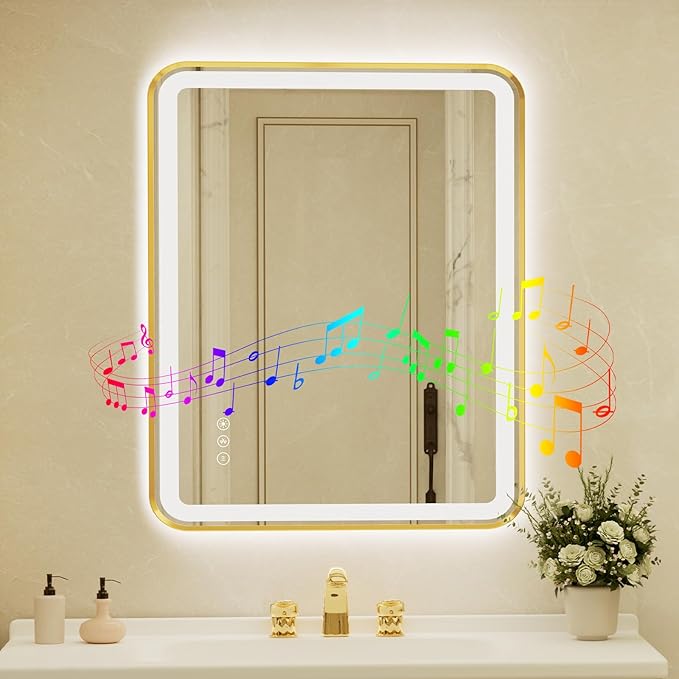 32x40 Inch Gold Framed LED Bathroom Mirror with Lights, Built-in Bluetooth Speaker,Tempered Glass,Dimmable Lighted Bathroom Vanity Mirror with 3 Colors, Backlit + Frontlit, Memory, Anti-Fog