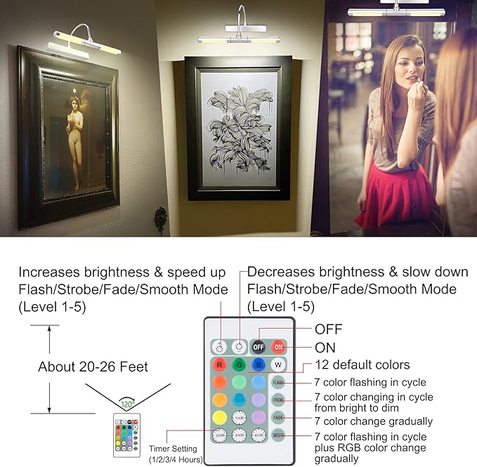 LUXSWAY Wireless Picture Lights for Paintings,Rechargeable Battery Art Display Light with Remote Control,Dimmable and Timer Off Dart Board Light with Aluminum Finish,Upgrade 12 Color Changing-Silver
