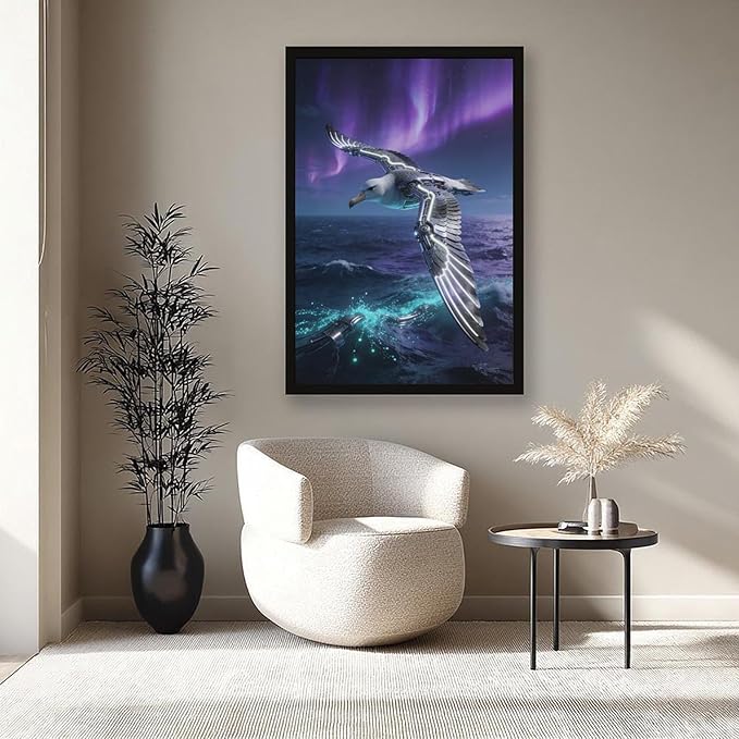Framed Steampunk Mechanical Seagull Wall Art - Aurora Ocean Retro Poster for Bedroom Game Room Decor 24x36in