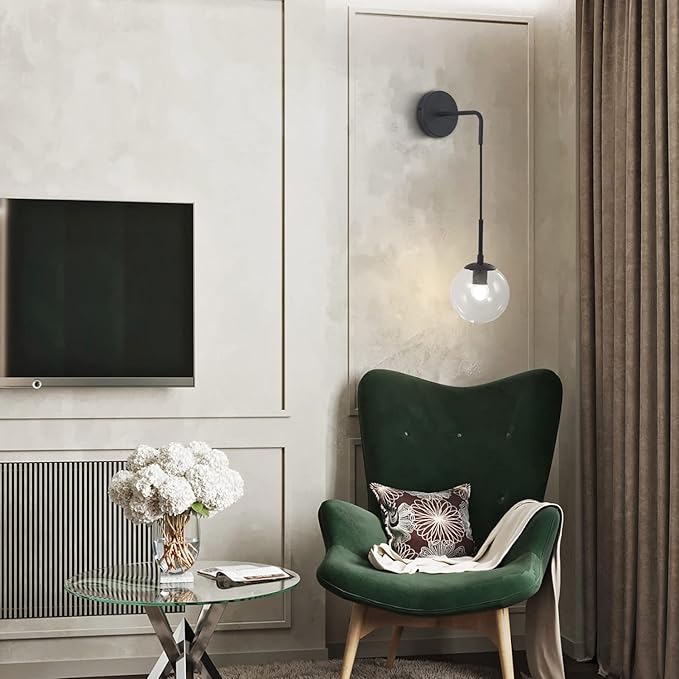KCO Lighting Black Globe Wall Sconce Set of 2 Mid Century Modern Wall Light with Clear Glass Shade Vintage Adjustable Wall Lamp for Bathroom Mirror Bedside Stairs (Clear)