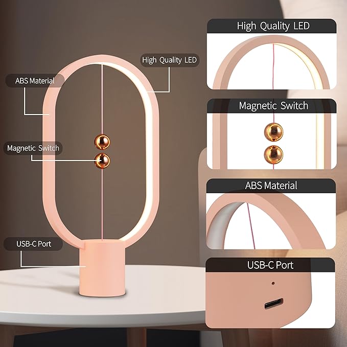 Heng Balance Light, USB Powered LED Table lamp, Creative, Magnetic Switch Night Light, dimmable Eye Protection Table lamp, Used for Gifts, Decoration Bedside, Dormitory and Office（Pink）