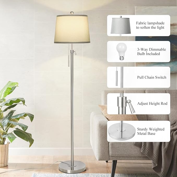 Floor Lamp for Living Room,Adjustable Height Standing Lamp,Dimmable Modern Floor Lamps for Bedroom Office Tall Floor Lights with Pull Chain Bulb Included-Silver Gray Shade