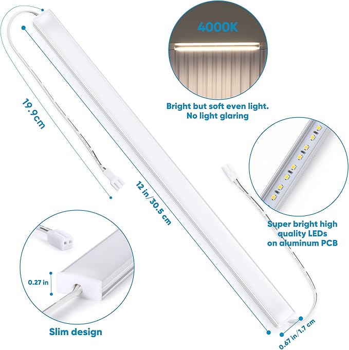 Litever Under Cabinet Lights Plug in, 6 pcs 12 Inches LED Light Strips. Super Bright Dimmable Extendable for Kitchen Counter Top Shelf Workbench Closet Display Bookshelf Lighting. Cool White 4000K