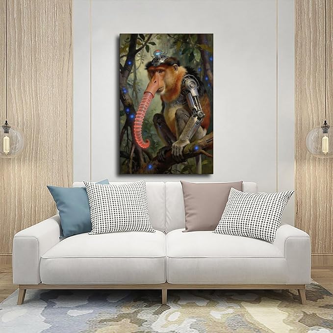 Framed Steampunk Mechanical Proboscis Monkey Wall Art - Jungle Neon Retro Poster for Apartment Leisure Area Decor 16x24inch(40x60cm)