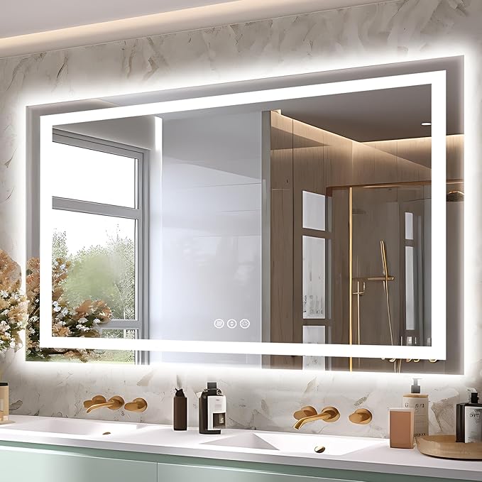 55"x36" LED Bathroom Mirrors for Wall, Front and Backlit Mirror, Anti-Fog Light up Mirror, Stepless Dimmable Lighted Mirror, 3 Colors Smart (Horizontal/Vertical)