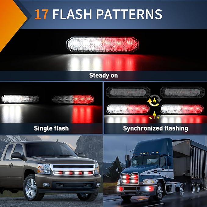 Nilight 6LED Emergency Strobe Lights 4PCS Ultra slim Surface Mount Hazard Caution Light bar 12-24V Sync Feature Warning Flashing Light kit for Truck Car Vehicle ATV SUV UTV Red and White