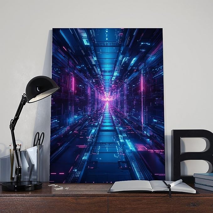 High-Tech Digital Abstract Wall Art – Glowing Geometric Canvas Print – Minimalist Futuristic Aesthetic Home Decor Modern Wall Prints Abstract Geometric Minimalist Art Framed Canvas Prints For Office B
