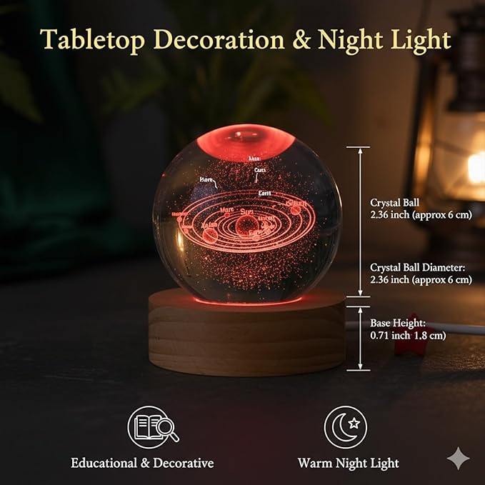 Happyhaves Calming Stellar Spheres Crystal Ball Night Light with Wooden Base, 3D Moon and Galaxy Light, Planet Sphere Calming Light for Bedroom Decor and Astronomy Gifts(Galaxy)