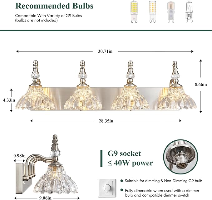 Vintage Bathroom Vanity Light, 4-Light Brushed Nickel Vanity Lighting Fixture with Flower Glass Shade, Bathroom Lighting Fixtures Over Mirror