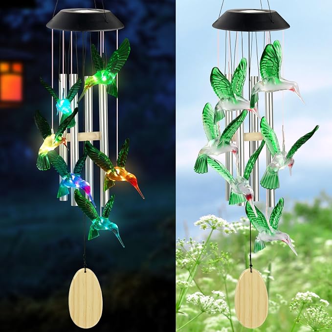 Hummingbird Decorative Mobiles Gifts, Solar Hummingbird Wind Chimes, Gifts for Mom, Women, Grandma, Garden Courtyard Lawn Decor, Gift for Christmas and New Year