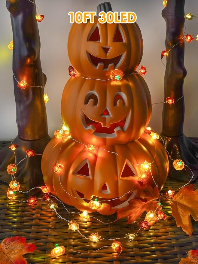 Fall Decorations 3D Pumpkin Acorn Maple Leaf Fairy Lights Battery Operated with Remote, 10FT 30 LED String Lights Outdoor & Indoor, Waterproof 8 Modes for Garland Harvest Thanksgiving Halloween Decor