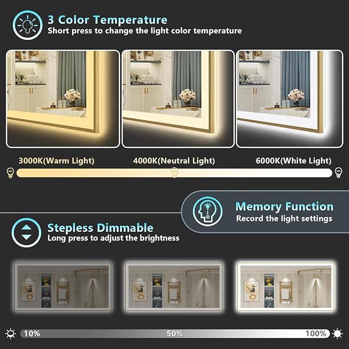 88x38 Gold LED Bathroom Mirror with Lights, Brushed Gold Framed Backlit and Front Lit Anti-Fog Lighted Vanity Mirrors for Bathroom Wall, Dimmable, 3 Colors, Memory, HD Tempered Glass, CRI＞90