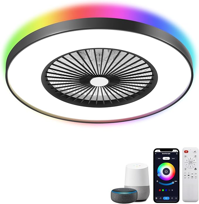 24" Bladeless Ceiling Fan with Light, Low Profile Ceiling Fan with with Alexa, Remote/APP/Voice Control, Modern Flush Mount Ceiling Fans Dimmable Color Chaning LED-RGB Ambient Light Black