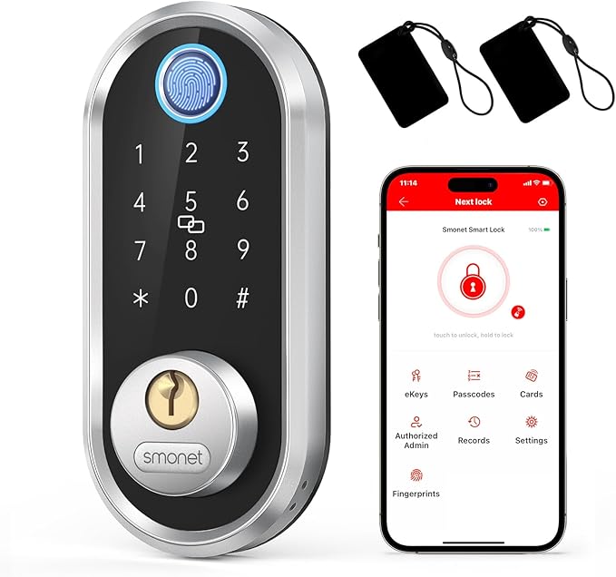 Smart Deadbolt, SMONET Fingerprint Electronic Deadbolt Door Lock with Keypad-Bluetooth Keyless Entry Front Door Digital Keypad App Control, Ekeys Sharing, App Monitoring Auto Lock for Homes and Hotel