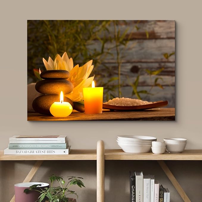 wall26 Canvas Print Wall Art Wood Panel Meditation Spax Candle Massage Stones Nature Wilderness Photography Realism Rustic Landscape Colorful Multicolor for Living Room, Bedroom, Bathroom - 16"x24"