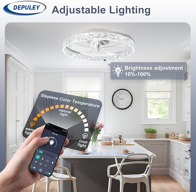 Depuley Ceiling Fans with Lights and Remote: 20" Modern Low Profile Flush Mount LED Ceiling Fan for Bedroom App Control - White Crystal Bladeless Fandelier for Living Room Kitchen Dimmable DC Motor