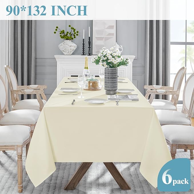 VidaFete Tablecloth 6 Pack 90 * 132inch Rectangle Table Cloth Polyester, Stain Wrinkle Resistant Polyester Dining Table Cover for Kitchen Dinning Party Wedding Rectangular Buffet Decoration(Ivory)