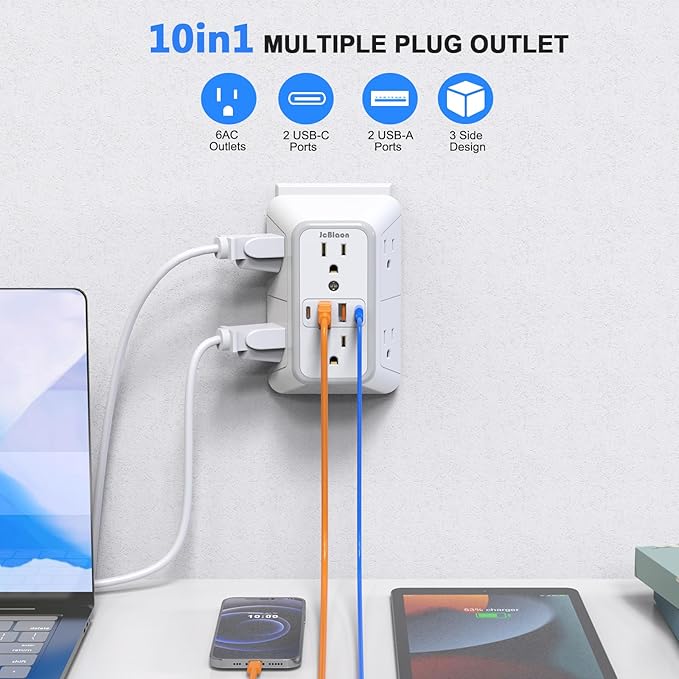 JcBlaon Outlet Extender Surge Protector - 6 Outlet Splitter with 4 USB Ports (2 USB C), Multiple Plug Expander Wall Charger, 3 Sided Multi Plug Wall Adapter Power Strip for Home Office Kitchen Travel