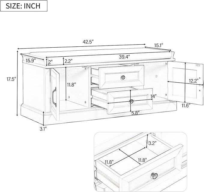 Entryway Storage Bench with Drawers & Cabinets — Cushioned Shoe Storage Bench for Hallway, Mudroom, or Living Room, Solid Wood Frame (White)