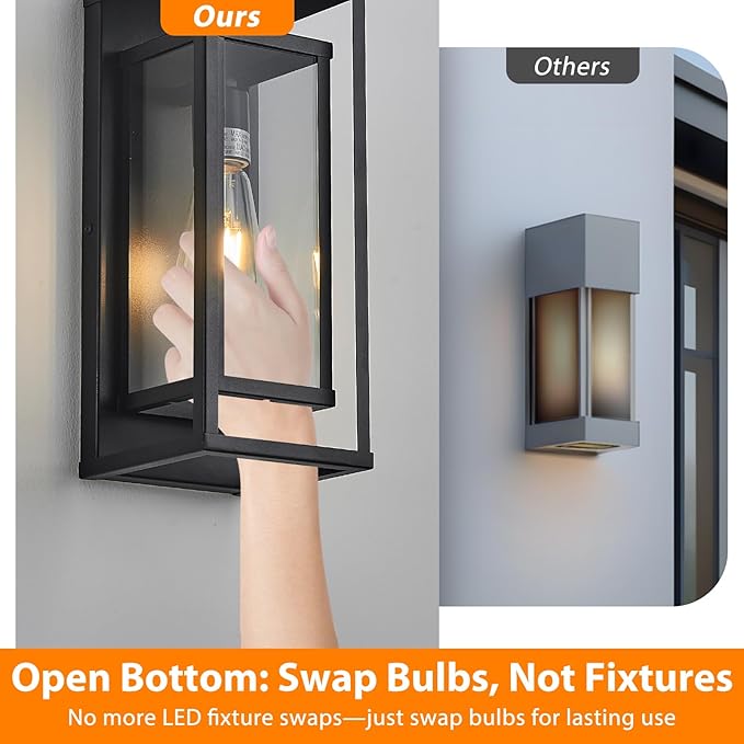 14" Outdoor Wall Lights Fixtures, Black Exterior Lighting Fixtures, Waterproof Outdoor Wall Lantern Modern Front Porch Lights with Clear Glass Coach Lights for Garage, Porch, Front Door 2-Pack