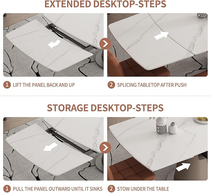 Modern Dining Table, Seats 8-10, Extendable Sintered Stone Dining Table, White Top, Saddle Leather Pedestal Table, 90 in.（1Table