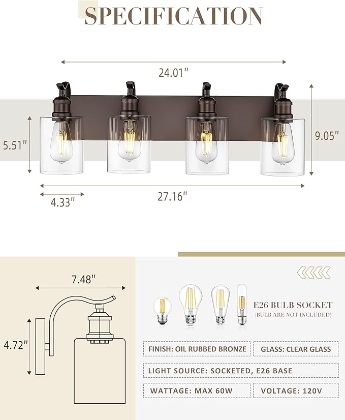 4 Light Bathroom Vanity Light, Morden Bathroom Vanity Lights Over Mirror Oil Rubbed Bronze Wall Sconce Light with Clear Glass Shade ZCVL01ORB-4