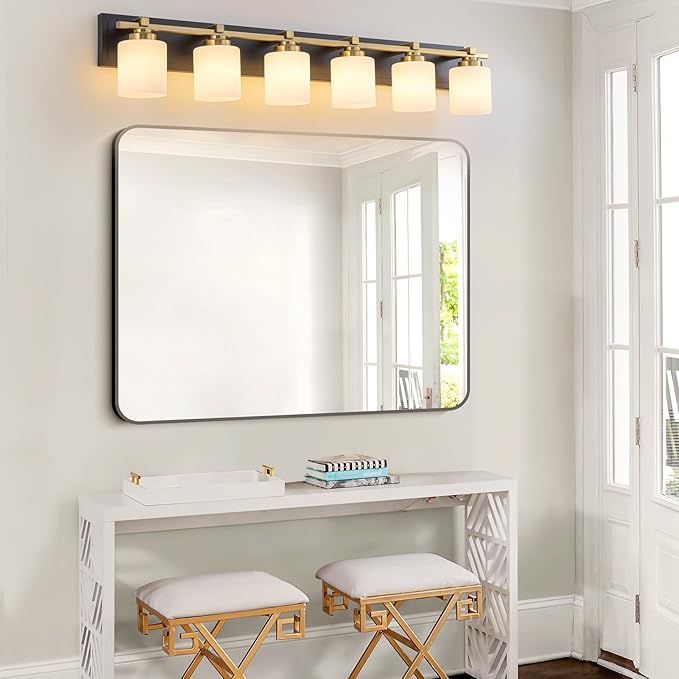6 Light Modern Bathroom Light Fixtures Over Mirror, Black Gold Vanity Lights for Bathroom Wall Sconces with Milky White Glass Shades, E26 Socket (Bulbs Not Included)